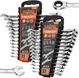 HORUSDY 26-piece ratcheting wrench set with SAE and metric sizes, CR-V steel, and carrying tray