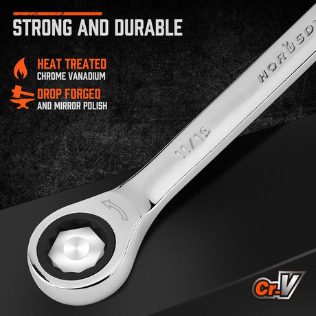 HORUSDY 26-piece ratcheting wrench set with SAE and metric sizes, CR-V steel, and carrying tray