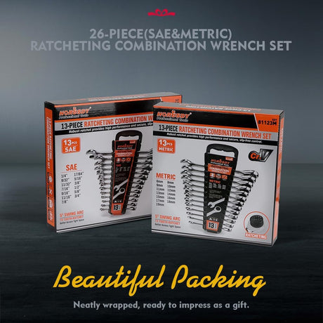 HORUSDY 26-piece ratcheting wrench set with SAE and metric sizes, CR-V steel, and carrying tray