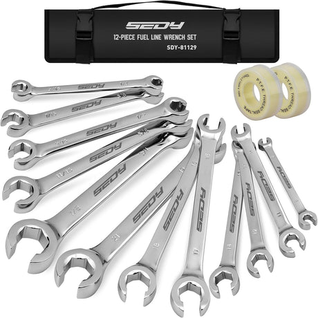 12-Piece Fuel Line Wrench Set, SAE & Metric, Chrome Vanadium Steel, 72-Tooth Precision, Premium Rolling Bag