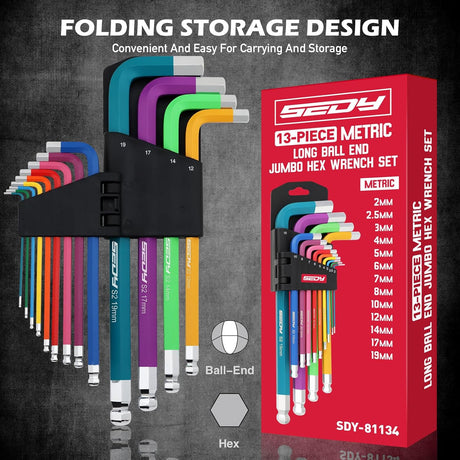 Color-coded 13-piece metric long arm hex key wrench set with ball and flat ends, S2 steel construction, and folding holder for automotive and bike use.