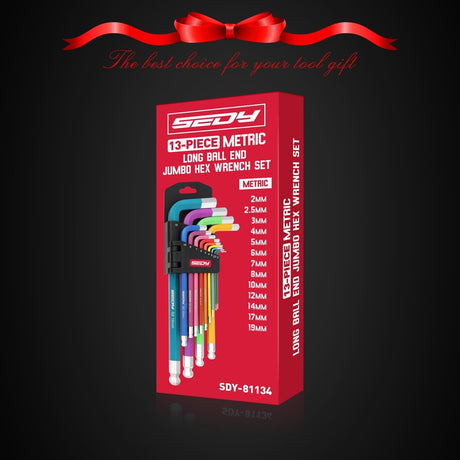 Color-coded 13-piece metric long arm hex key wrench set with ball and flat ends, S2 steel construction, and folding holder for automotive and bike use.