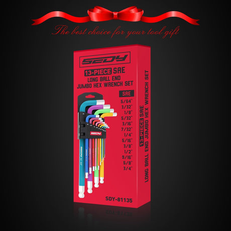 13-piece SAE long arm hex wrench set with color-coded handles, ball and flat ends, heavy-duty S2 steel, perfect for automotive and bike repairs.