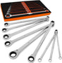 9-piece extra-long ratcheting wrench set with mirror-polished CR-V steel construction and metric sizes from 8mm to 22mm.