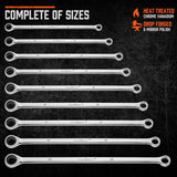 9-piece extra-long ratcheting wrench set with mirror-polished CR-V steel construction and metric sizes from 8mm to 22mm.