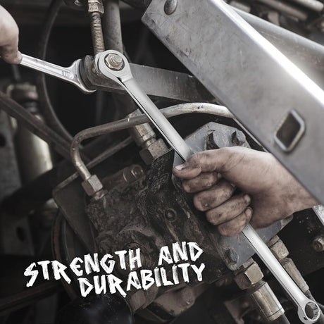 9-piece extra-long ratcheting wrench set with mirror-polished CR-V steel construction and metric sizes from 8mm to 22mm.