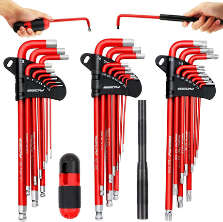 30-piece red hex and torx key wrench set with T-handle, ball-end design, extension bars, and precision tips, ideal for mechanics and DIY repairs.