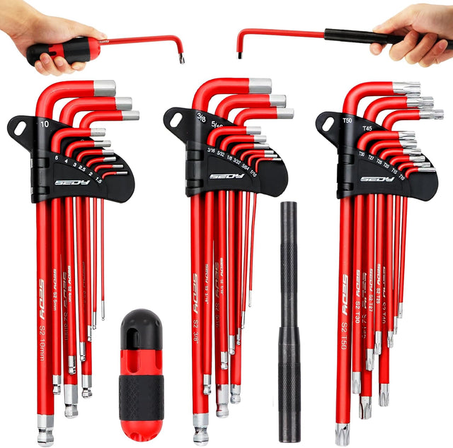 30-piece red hex and torx key wrench set with T-handle, ball-end design, extension bars, and precision tips, ideal for mechanics and DIY repairs.