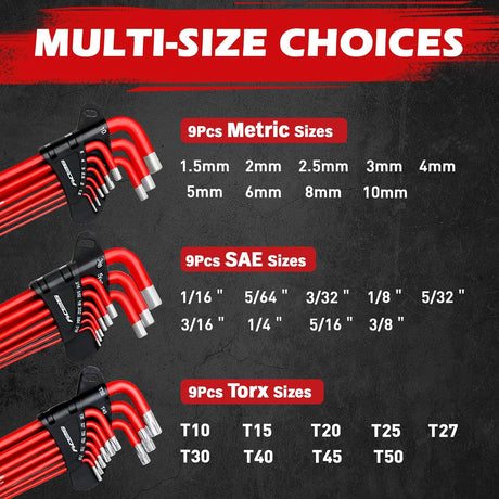 30-piece red hex and torx key wrench set with T-handle, ball-end design, extension bars, and precision tips, ideal for mechanics and DIY repairs.