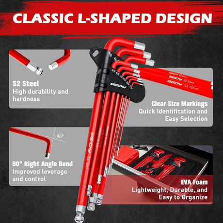 30-piece red hex and torx key wrench set with T-handle, ball-end design, extension bars, and precision tips, ideal for mechanics and DIY repairs.