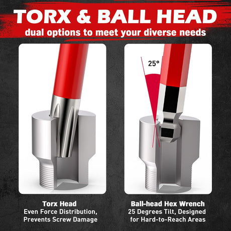 30-piece red hex and torx key wrench set with T-handle, ball-end design, extension bars, and precision tips, ideal for mechanics and DIY repairs.