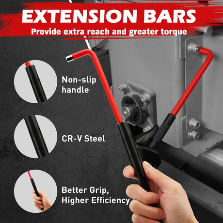 30-piece red hex and torx key wrench set with T-handle, ball-end design, extension bars, and precision tips, ideal for mechanics and DIY repairs.