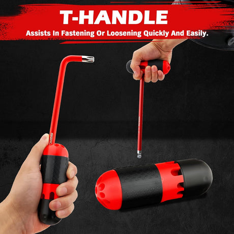 30-piece red hex and torx key wrench set with T-handle, ball-end design, extension bars, and precision tips, ideal for mechanics and DIY repairs.