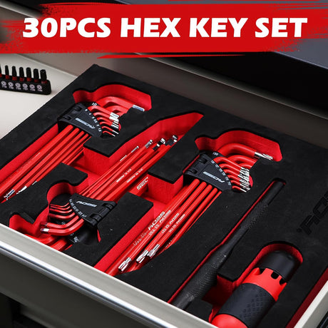 30-piece red hex and torx key wrench set with T-handle, ball-end design, extension bars, and precision tips, ideal for mechanics and DIY repairs.