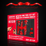 30-piece red hex and torx key wrench set with T-handle, ball-end design, extension bars, and precision tips, ideal for mechanics and DIY repairs.