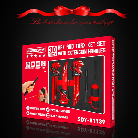 30-piece red hex and torx key wrench set with T-handle, ball-end design, extension bars, and precision tips, ideal for mechanics and DIY repairs.