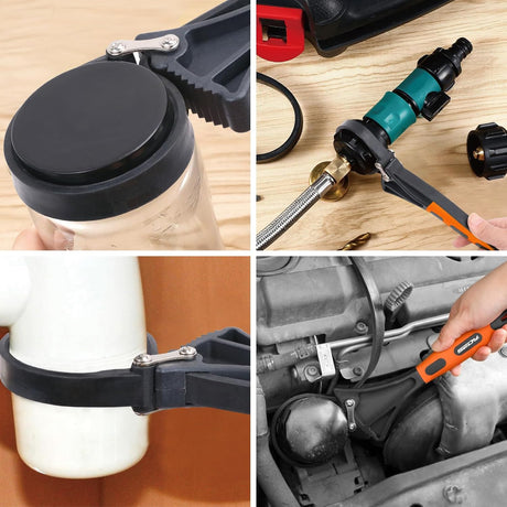 2-piece adjustable strap wrench set with 4" and 6" rubber straps for oil filters, jar lids, drain caps, sink nuts, shower heads, and plumbing valves.