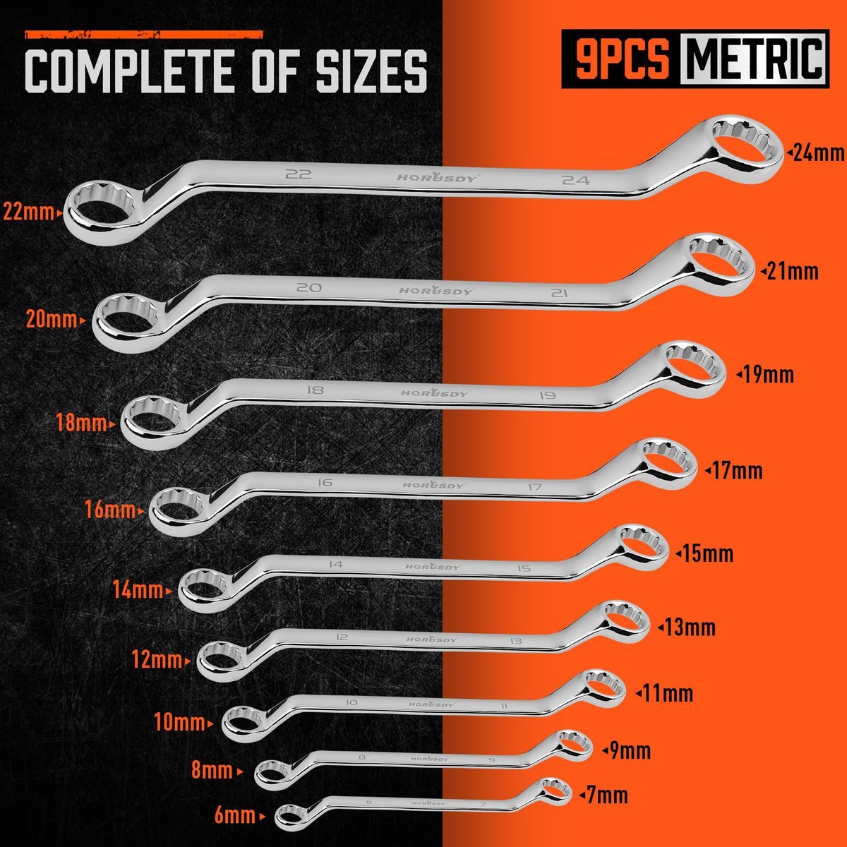 HORUSDY 9-Pieces Metric Offset Box Wrench Set with Rolling Pouch, 50-Degree, Metric 6-24mm, CR-V Steel