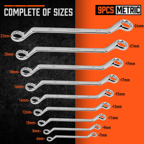 HORUSDY 9-Pieces Metric Offset Box Wrench Set with Rolling Pouch, 50-Degree, Metric 6-24mm, CR-V Steel