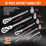 10-Piece Flex-Head Ratchet Set, 1/4", 3/8" & 1/2" Drive Socket Wrenches, 90-Tooth Quick-Release Reversible Low-Profile, Extension Bars (4", 10", 6") & 4 Adapters for Automotive, Bike, and Home Repair