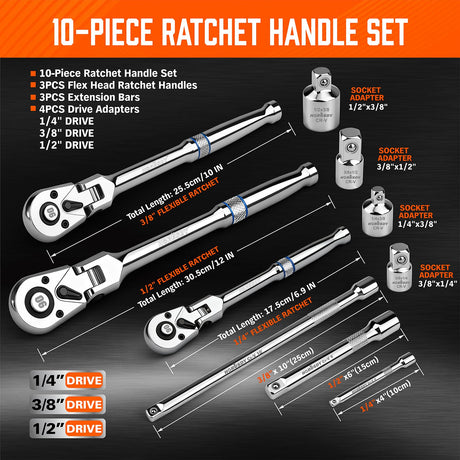 10-Piece Flex-Head Ratchet Set, 1/4", 3/8" & 1/2" Drive Socket Wrenches, 90-Tooth Quick-Release Reversible Low-Profile, Extension Bars (4", 10", 6") & 4 Adapters for Automotive, Bike, and Home Repair