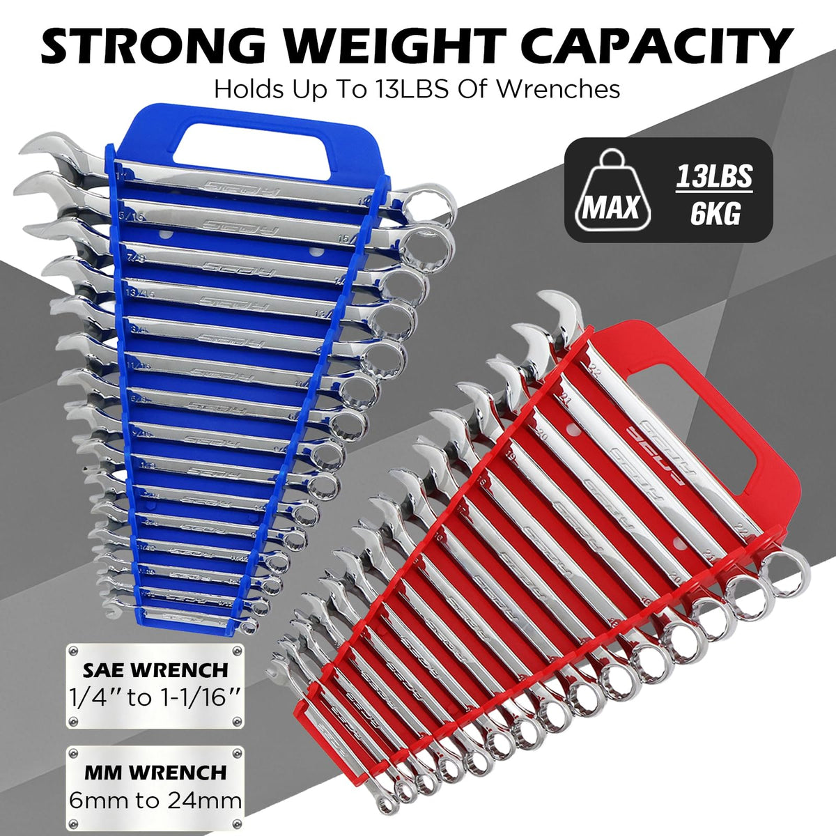 2-Pack Magnetic Wrench Organizer with Non-Slip Handle, 24-Slot Heavy-Duty Wrench Rack Holders for Toolbox & Drawer Storage, Fits SAE 1/4"-1-1/16" and Metric 6mm-24mm Wrenches