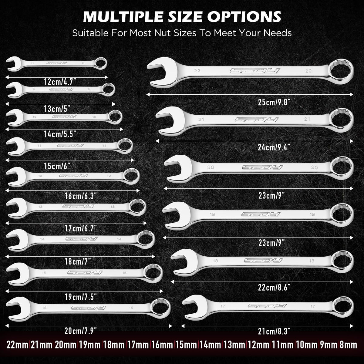 15-Piece Metric Combination Wrench Set, 8–22mm 12-Point Open End and Box End Wrench Kit with Organizer, Chrome Vanadium Steel Tools for Mechanics, Garages and Workshops