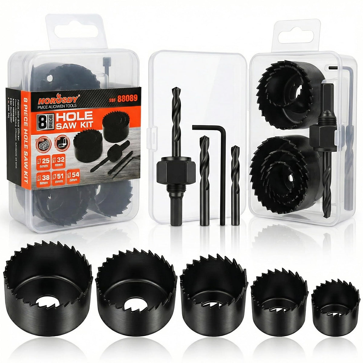 HORUSDY 8PCS Hole Saw Kit, 1"–2-1/8" (25–54mm), with 2 Pcs Drill Bits, Mandrel & Hex Key, Smooth Cut, DIY-Friendly Set for Soft Wood, Plywood, PVC