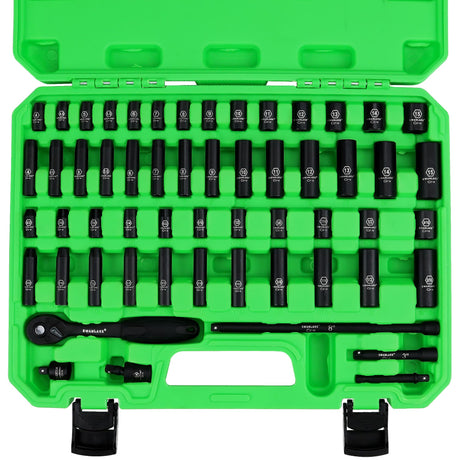 SWANLAKE 1/4" Drive Impact Socket Set, 56-Piece Standard SAE (5/32 to 9/16 inch) and Metric (4-15mm) Size, 6 Point, Cr-V, 1/4-Inch Drive Ratchet Handle, Extension Bar, Impact Universal Joint
