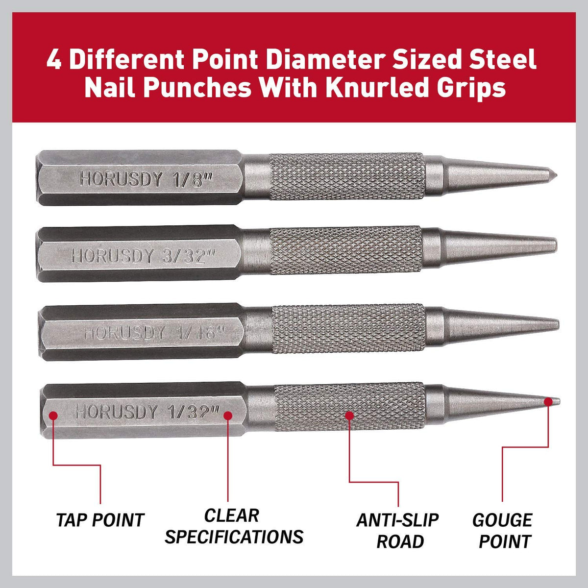 HORUSDY 4-Piece Durable Nail Setter Punch & Center Punch Set, Hardened Cr-V Steel with Non-Slip Knurled Grip, Includes 3 Nail Setters (1/32", 1/16", 3/32") and 1/8" Center Punch