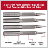 HORUSDY 4-Piece Durable Nail Setter Punch & Center Punch Set, Hardened Cr-V Steel with Non-Slip Knurled Grip, Includes 3 Nail Setters (1/32", 1/16", 3/32") and 1/8" Center Punch