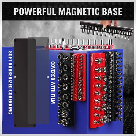 6-piece Magnetic Socket Organizer Set, Metric & SAE Drive Socket Holder, Includes 1/4", 3/8", 1/2", Holds 143 Pieces Magnetic Trays Red Black