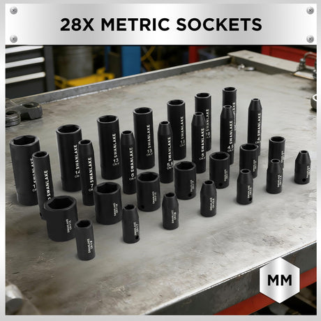 SWANLAKE 1/4" Drive Impact Socket Set, 56-Piece Standard SAE (5/32 to 9/16 inch) and Metric (4-15mm) Size, 6 Point, Cr-V, 1/4-Inch Drive Ratchet Handle, Extension Bar, Impact Universal Joint