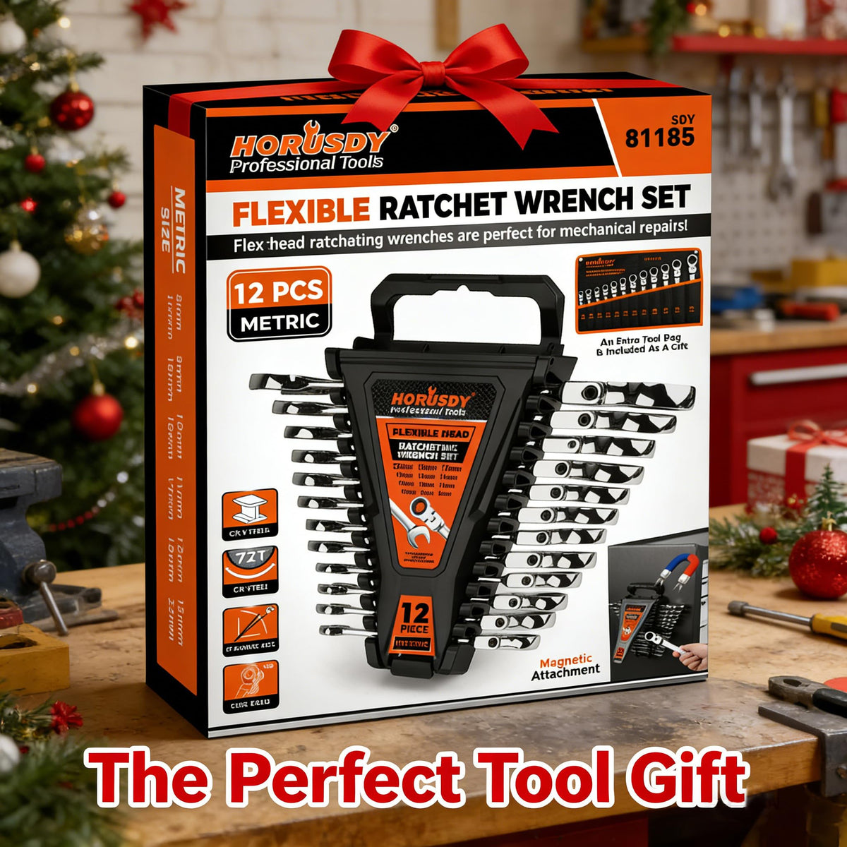 HORUSDY 12-Piece Metric Flex-Head Ratcheting Wrench Set 8-22mm, CR-V Ratchet Combination Wrenches with 72T 180° Flex Head, Magnetic Holder & Tool Bag for Auto, Motorcycle, Home & Repair