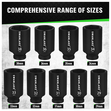 SWANLAKE 9-Piece 1/2" Impact Axle Nut Socket Set, Deep Metric Large Socket Set, 29mm 30mm 31mm 32mm 33mm 34mm 35mm 36mm 38mm, Cr-V Spindle Joint High Torque Wheel Nut Sockets