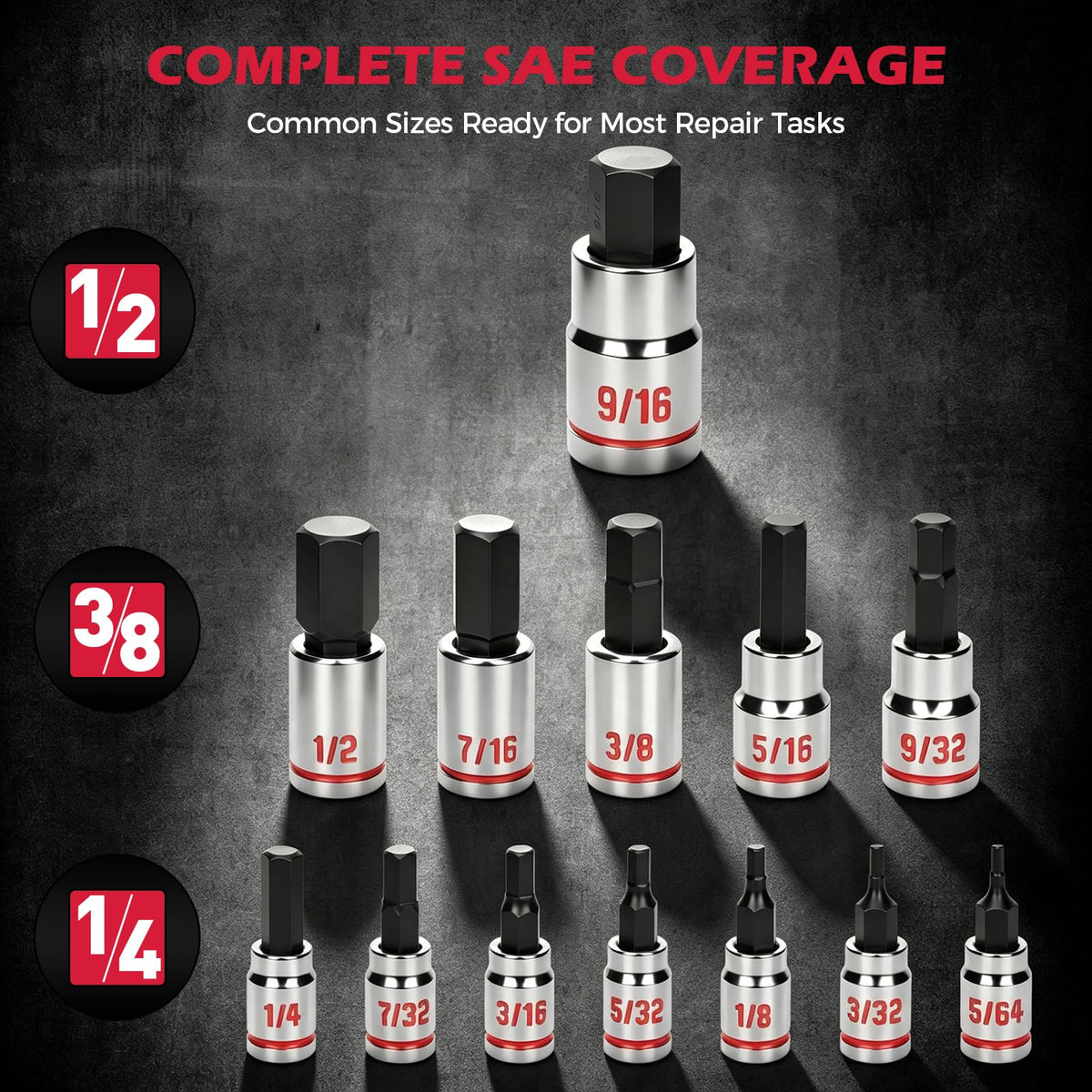 16-Piece SAE Hex Bit Socket Set, Premium S2 Steel, 5/64" - 9/16" Sockets