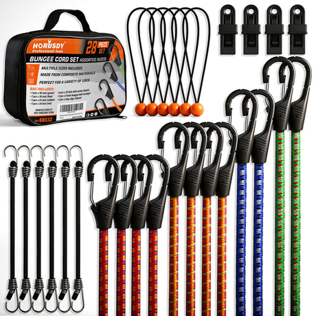 HORUSDY 28-Piece Premium Bungee Cords with Hooks, Includes 10”, 18”, 24”, 36”, 48”, Bungee Cord Assortment (10 to 48 Inch)