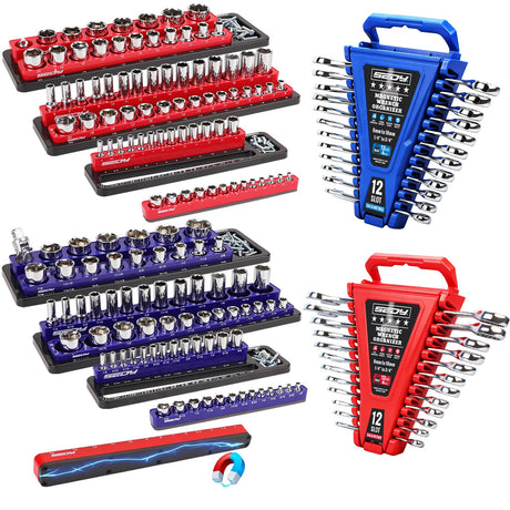 8-Piece Magnetic Socket and Wrench Organizer Set, Metric & SAE, 1/4", 3/8", 1/2"Drive Detachable Socket Storage Tray, 24-Slot Wrench Holder with Non-Slip Handle & Lock Cover for Toolbox Drawer Storage
