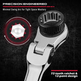 Extra Long Flex-Head Ratcheting Wrench Set, Anti-Slip 6-Piece Double Box End Wrench Set, 72-Teeth, Metric 8-19mm, CR-V Steel Wrench with Rolling Pouch