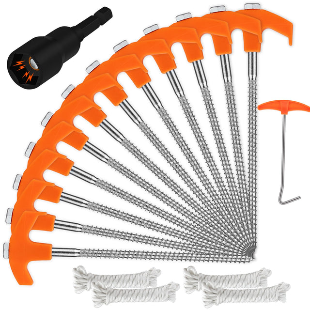 HORUSDY Tent Stakes Heavy Duty, 12-Pack 8.07 Inch Tent Stakes with 4 x 13ft Rope & 1 Stopper T Pull Hook