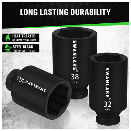 SWANLAKE 9-Piece 1/2" Impact Axle Nut Socket Set, Deep Metric Large Socket Set, 29mm 30mm 31mm 32mm 33mm 34mm 35mm 36mm 38mm, Cr-V Spindle Joint High Torque Wheel Nut Sockets
