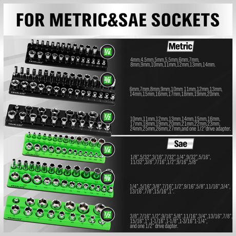 Magnetic Socket Organizer Set, 6-piece 1/4", 3/8", 1/2" SAE & Metric Sockets Holder, Drive Socket Trays, Storage Tool Box, Holding 143 Slots, Soft Rubber Covering Black Green Tools