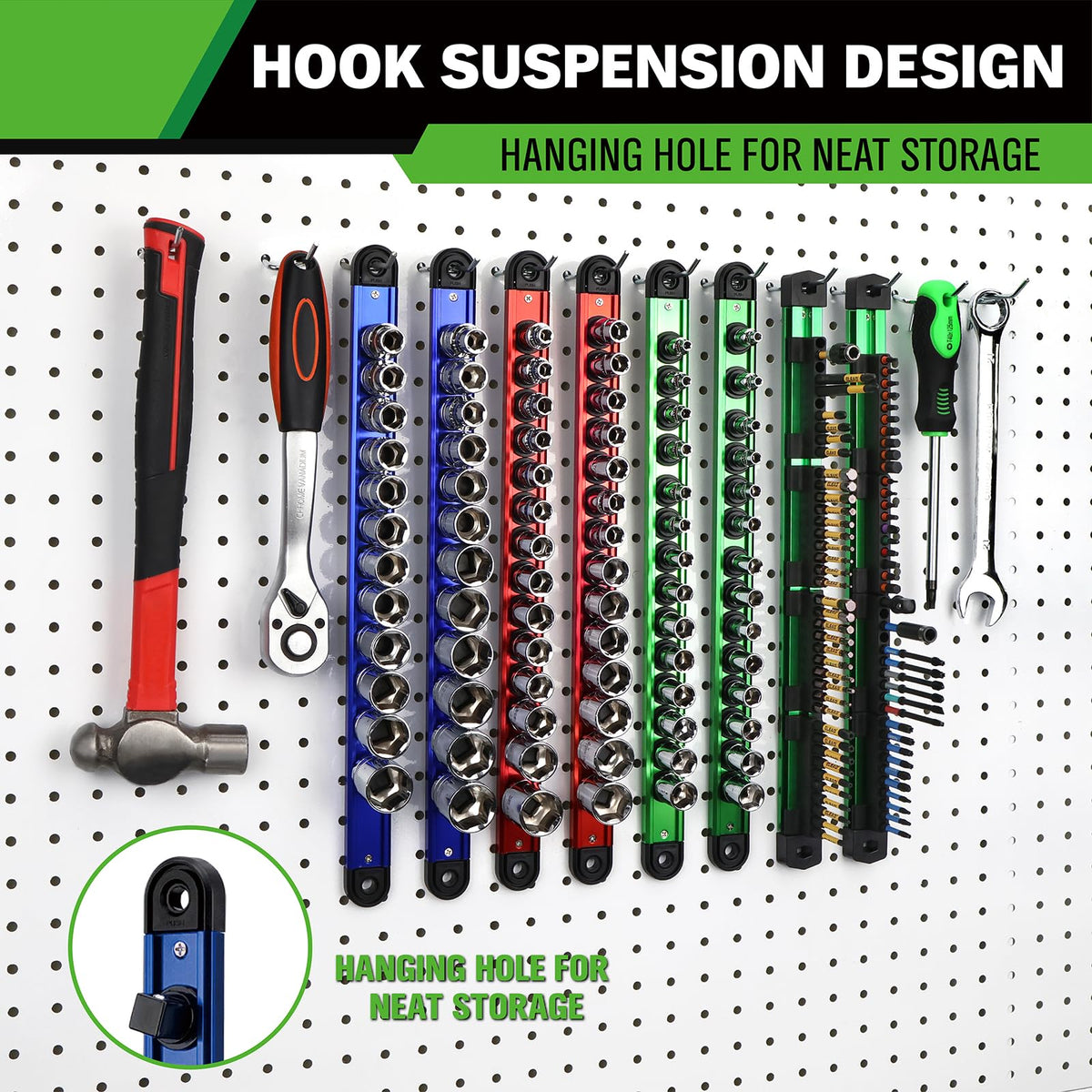 8-Piece Magnetic Socket & Bit Organizer Kit, 1/4'' 3/8'' 1/2'' Heavy Duty Socket Holder Holds 80 Clips, Aluminum Sockets Rail for Tool Box Drawer, 1/4'' Slidable Drill Bit Organizer Holds 80 Bits