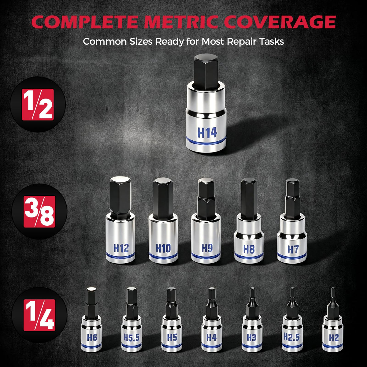 16-Piece Metric Hex Bit Socket Set, Premium S2 Steel, 2-14mm Allen