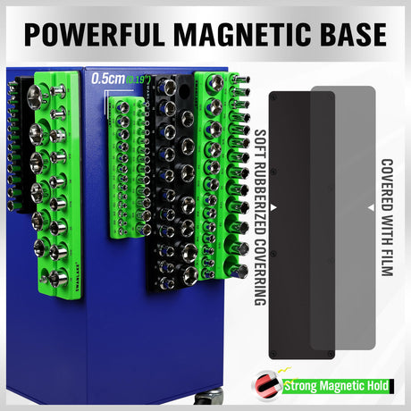 Magnetic Socket Organizer Set, 6-piece 1/4", 3/8", 1/2" SAE & Metric Sockets Holder, Drive Socket Trays, Storage Tool Box, Holding 143 Slots, Soft Rubber Covering Black Green Tools