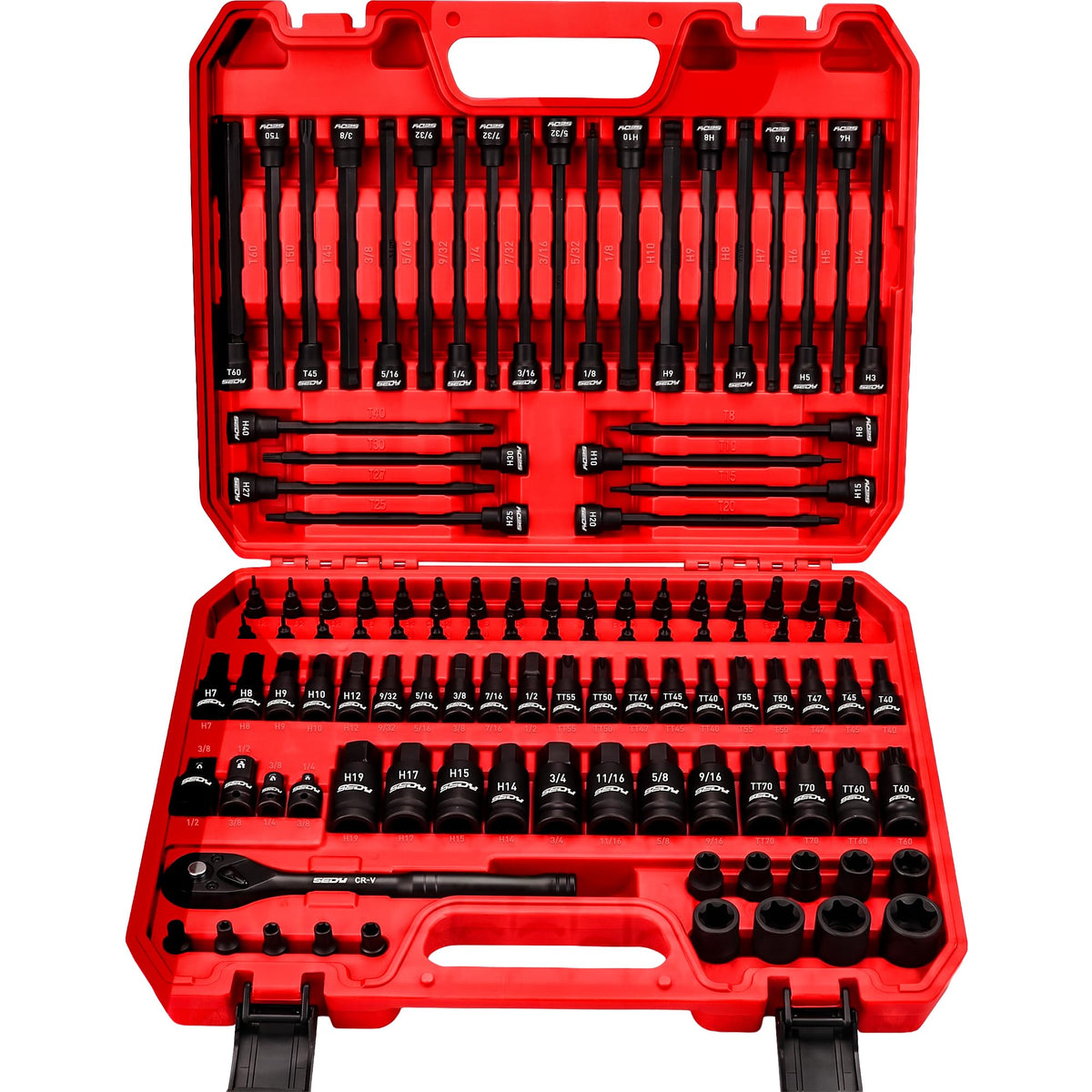 112-Piece Torx and Allen Bit Socket Set, 1/4", 3/8",1/2" Drive Bit Socket Set with Quick-Release Ratchet Wrench, Adapters, Extra long torx/Tamper proof torx/Hex/Ball End Hex/E-Trox,SAE/Metric,S2 Steel