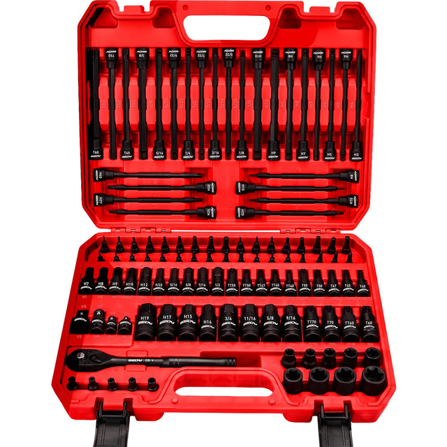 112-Piece Torx and Allen Bit Socket Set, 1/4", 3/8",1/2" Drive Bit Socket Set with Quick-Release Ratchet Wrench, Adapters, Extra long torx/Tamper proof torx/Hex/Ball End Hex/E-Trox,SAE/Metric,S2 Steel