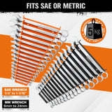 HORUSDY 2-Piece Magnetic Wrench Organizer, 32-Slot Wrench Storage Rack for Toolboxes, Drawer & Garage, SAE (1/4" - 1-1/16") & Metric (6mm - 24mm) Wrench Holder, Black & Orange, 11LBS Capacity
