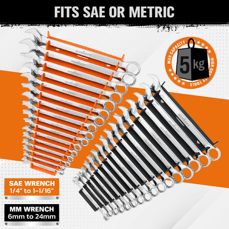 HORUSDY 2-Piece Magnetic Wrench Organizer, 32-Slot Wrench Storage Rack for Toolboxes, Drawer & Garage, SAE (1/4" - 1-1/16") & Metric (6mm - 24mm) Wrench Holder, Black & Orange, 11LBS Capacity