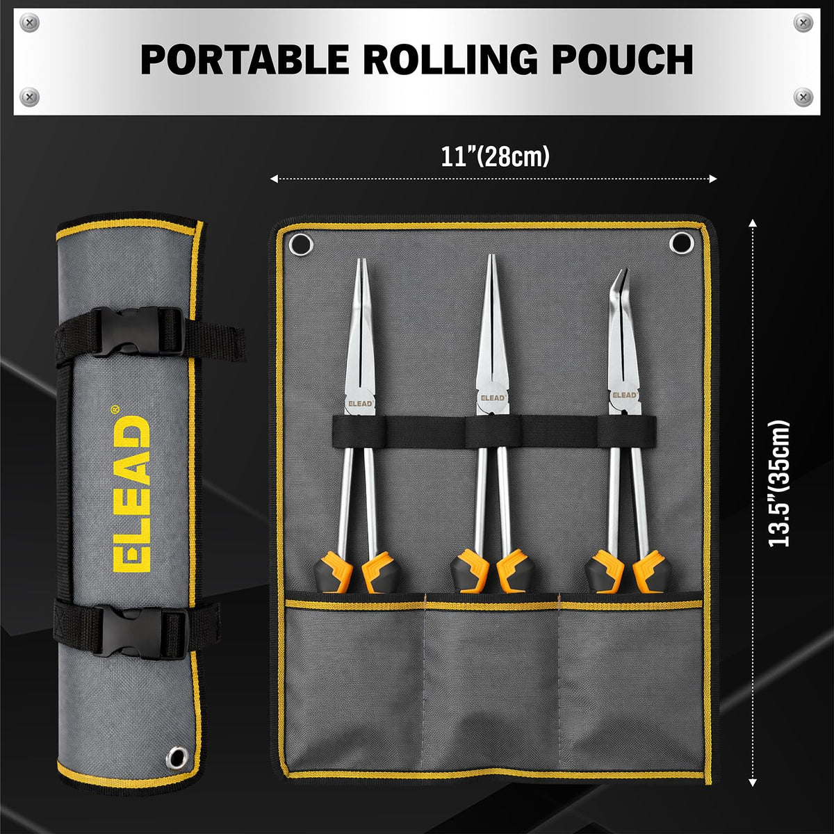 3-Piece 11 Inch Long Reach Pliers Set with 3 Magnetic Plier Racks, Extra Long Needle Nose Pliers Set Includes Straight, 45° & 90° Bent Nose Plier, Pliers Tool Set for Tight Spaces